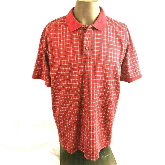 Eddie Bauer Polo Golf Mens Plaid Shirt Top Medium Red Short Sleeve Pullover - Picture 1 of 8